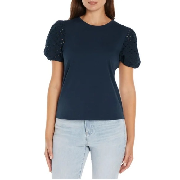 Express Women's Dark Blue Blouse with Eyelet Sleeves - Picture 1 of 7